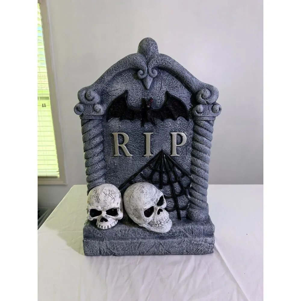 Large Halloween RIP Tombstone Decor Light-Up Skull Eyes Bat Spider Web Prop